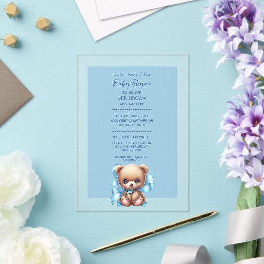 Teddybeer blauw Baby shower acryl uitnodiging (Insitu (Huwelijk))