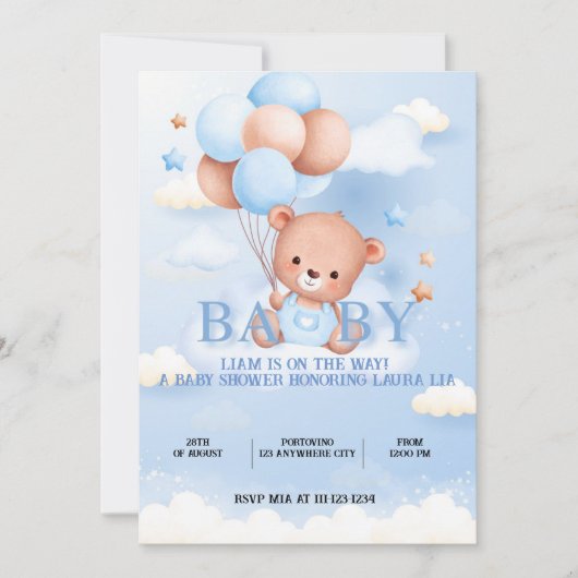 TEDDYBEER BLAUW BABY SHOWER UITNODIGING (Voorkant)