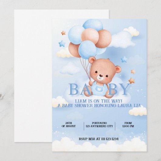TEDDYBEER BLAUW BABY SHOWER UITNODIGING (Voorkant / Achterkant)