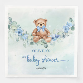 Teddybeer blauw bloemeneucalyptus jongen baby show servet