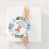 Teddybeer blauw bloemengroen baby shower bedankjes labels (In situ)