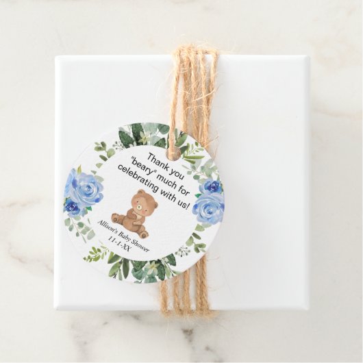 Teddybeer blauw bloemengroen baby shower bedankjes labels (In situ)
