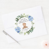 Teddybeer blauw bloemengroen baby shower ronde sticker (Envelop)