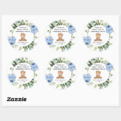 Teddybeer blauw bloemengroen baby shower ronde sticker (Vel)