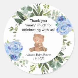 Teddybeer blauw bloemengroen baby shower ronde sticker