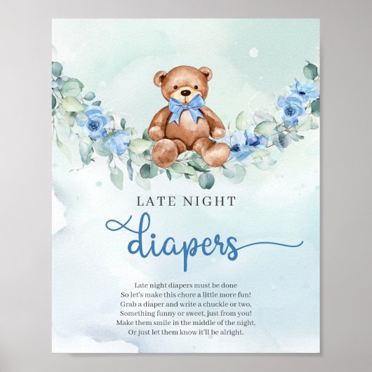 Teddybeer blauw bloemenspel Late Night Luiers spel Poster (Voorkant)
