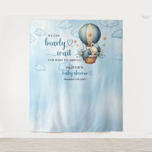 Teddybeer blauw bruin beige heteluchtballon jongen wandkleed (Voorkant)