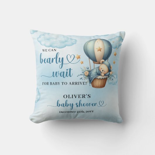 Teddybeer blauw bruin ivoor hete lucht ballon jong kussen (Voorkant)