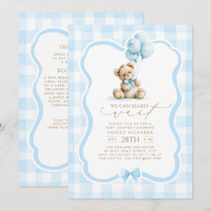 Teddybeer Blauw Gingham All-in-One Baby Shower Kaart