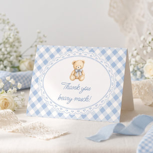 Teddybeer Blauw Gingham Baby Shower Bedankkaart