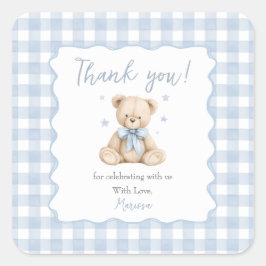 Teddybeer Blauw Gingham Baby Shower Klassiek Vierkante Sticker
