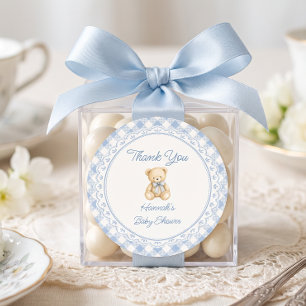 Teddybeer Blauw Gingham Baby Shower Ronde Sticker