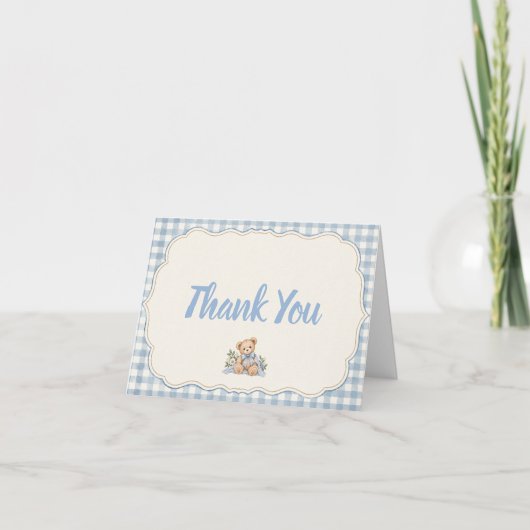 Teddybeer Blauw Gingham Bedankkaart (Voorkant)