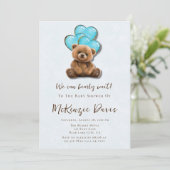 Teddybeer blauw gouden ballonjongen Baby shower Kaart (Staand voorkant)