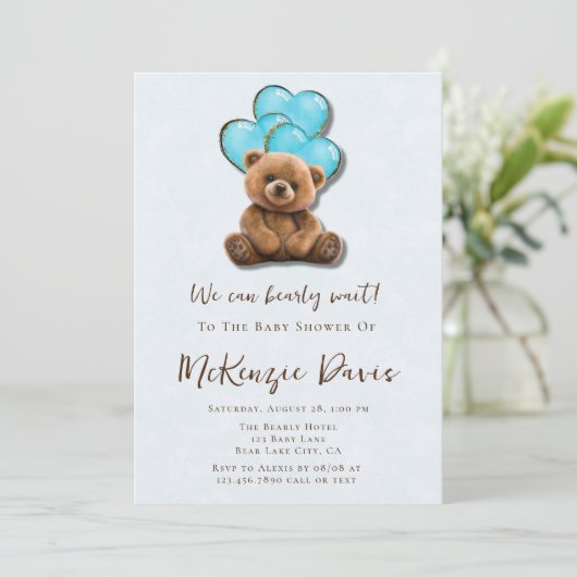 Teddybeer blauw gouden ballonjongen Baby shower Kaart (Staand voorkant)