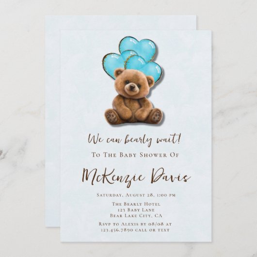 Teddybeer blauw gouden ballonjongen Baby shower Kaart (Voorkant / Achterkant)