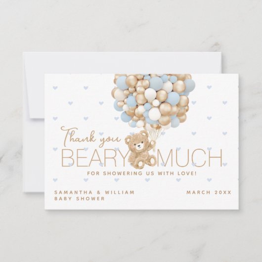 Teddybeer Blauw Hart & Ballon Baby Jongen Douche Bedankkaart (Voorkant)