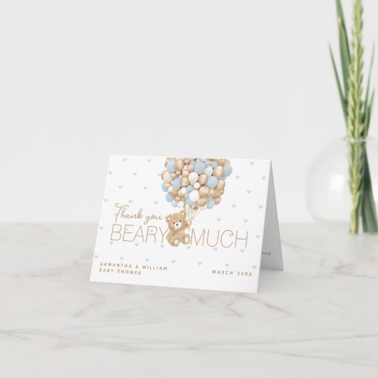 Teddybeer Blauw Hart & Ballon Baby Jongen Douche Bedankkaart (Voorkant)