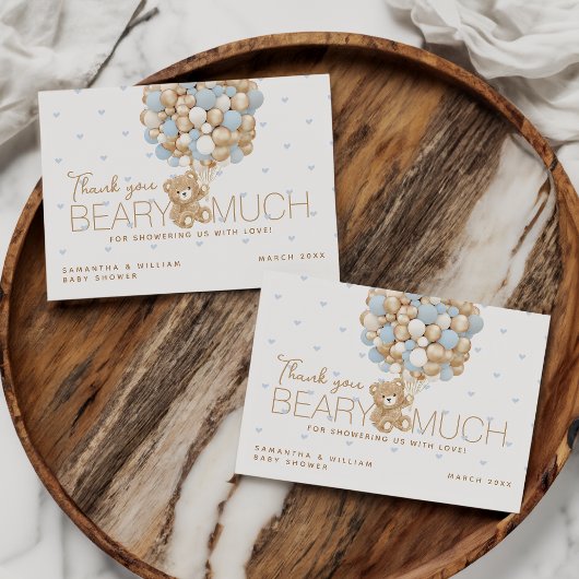 Teddybeer Blauw Hart & Ballon Baby Jongen Douche Bedankkaart