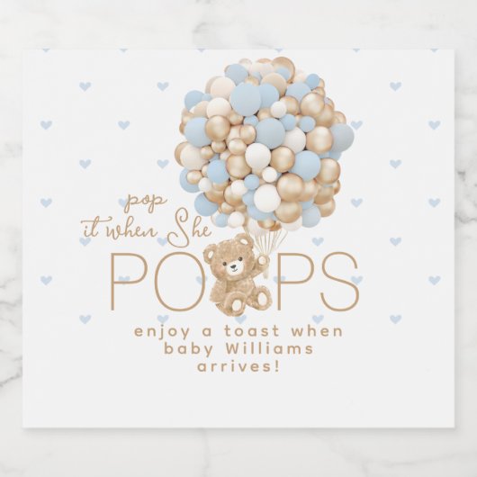 Teddybeer Blauw Hart & Ballon Baby Jongen Douche Sparkling Wijnetiket (Enkel label)