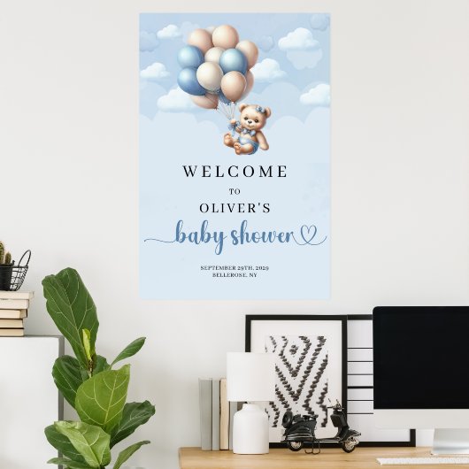 Teddybeer blauw ivoor Jongen Baby shower Welkom Poster (Thuiskantoor)