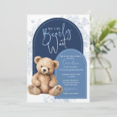 Teddybeer Blauw Minimalistische Baby Shower Modern Kaart (Staand voorkant)