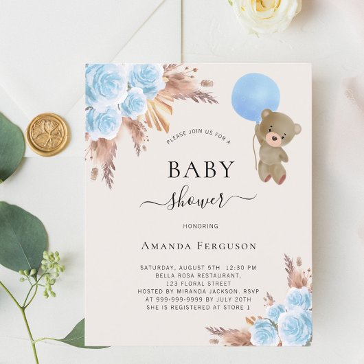 Teddybeer blauw pampas floral boy Baby shower