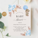 Teddybeer blauw pampas floral boy Baby shower Kaart<br><div class="desc">Voor een modern boho-baby shower. Witte achtergrond. Gedecorreerd met lichtblauwe floralen,  rozen,  pamapgras en een teddybeer jongen die een blauwe ballon vasthoudt. Pas een naam en partijdetails aan en voeg deze toe.</div>