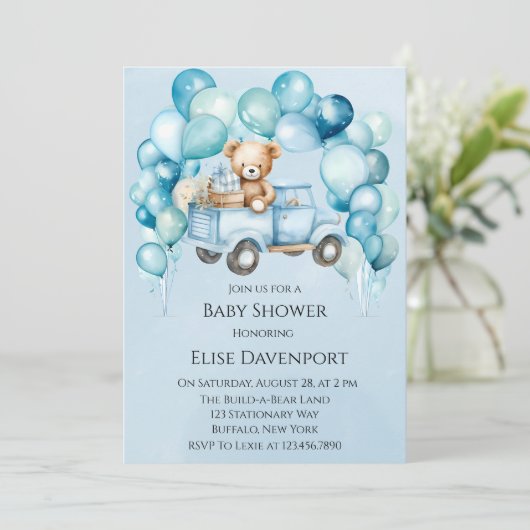 Teddybeer Blauw  Truck Boy Baby shower Kaart (Staand voorkant)
