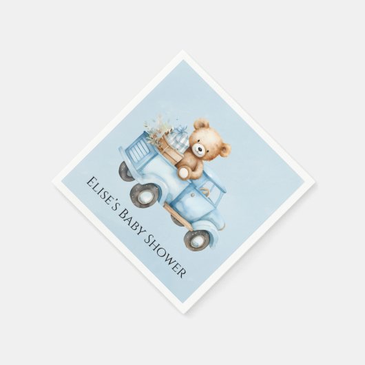 Teddybeer Blauw  Vrachtwagen Baby shower Servet (Hoek)