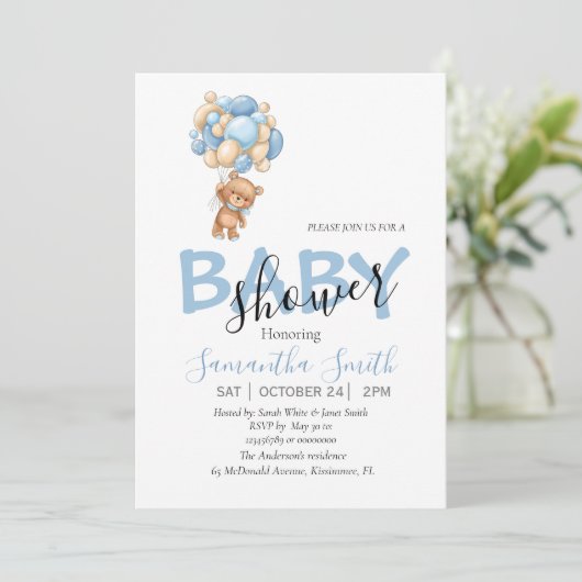 Teddybeer Blauw Wit Uitnodigingen (Staand voorkant)