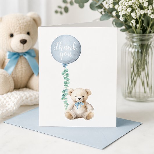 Teddybeer Blauwe Baby Shower Bedankkaart