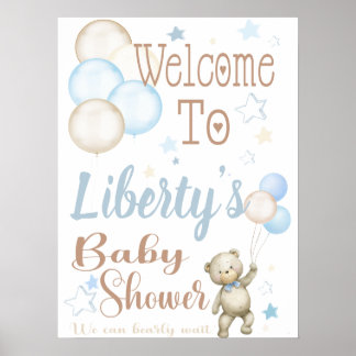 Teddybeer Blauwe Baby Shower Welkomstbord Poster