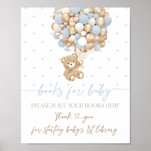 Teddybeer blauwe ballon baby jongen douche poster (Voorkant)