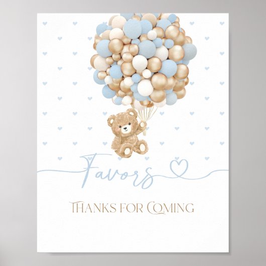 Teddybeer blauwe ballon baby jongen douche poster (Voorkant)
