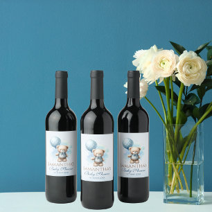 Teddybeer blauwe ballon baby jongen douche wijn etiket