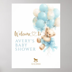 Teddybeer Blauwe Ballon Boog Baby Jongen Shower Poster