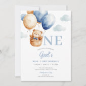 Teddybeer blauwe ballon eerste verjaardag kaart (Voorkant)