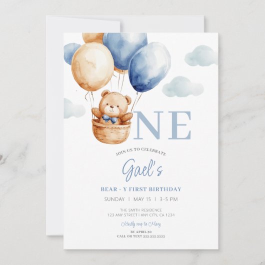 Teddybeer blauwe ballon eerste verjaardag kaart (Voorkant)