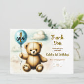 Teddybeer Blauwe Ballon Verjaardag Bedankt Kaart (Staand voorkant)