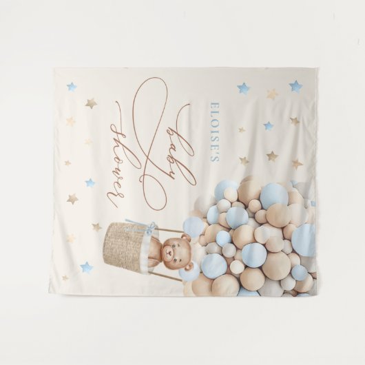 Teddybeer Blauwe Ballon Weinig Geduld Baby Shower Wandkleed (Voorkant (horizontaal))