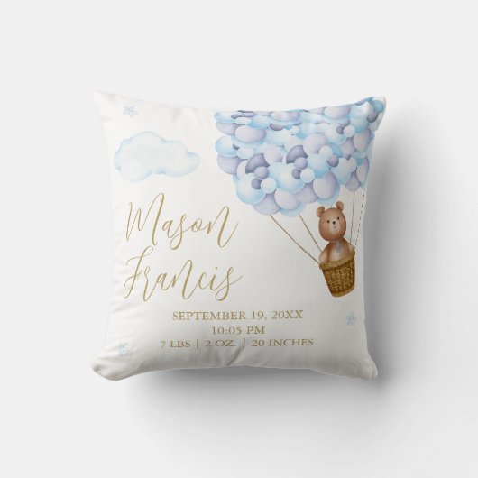 Teddybeer Blauwe Ballonnen Baby Jongen Geboorte St Kussen (Voorkant)