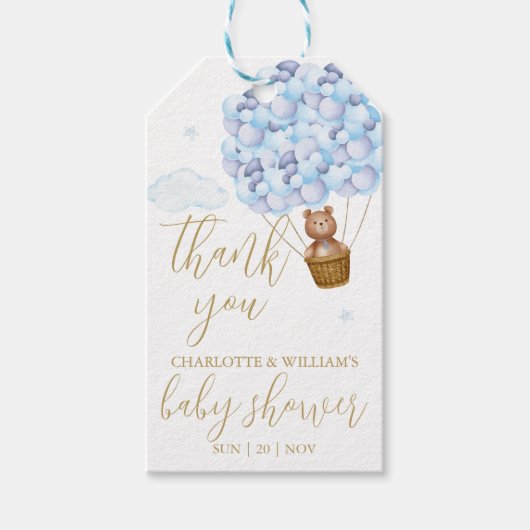 Teddybeer Blauwe Ballonnen Baby Shower Bedankt Cadeaulabel (Voorkant)