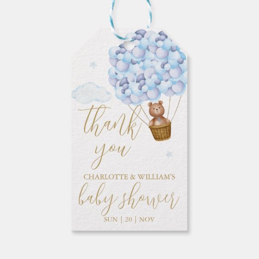 Teddybeer Blauwe Ballonnen Baby Shower Bedankt Cadeaulabel (Achterkant)