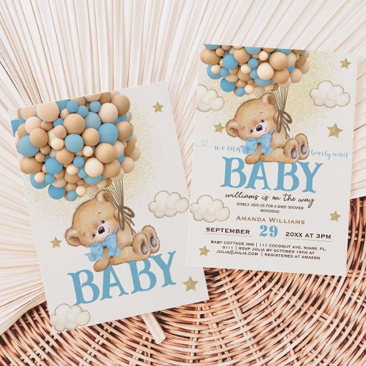 Teddybeer Blauwe Ballonnen Baby Shower Kaart