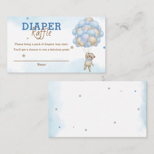 Teddybeer Blauwe Ballonnen Baby shower Luier Raffl Informatiekaartje (Voorkant / Achterkant)