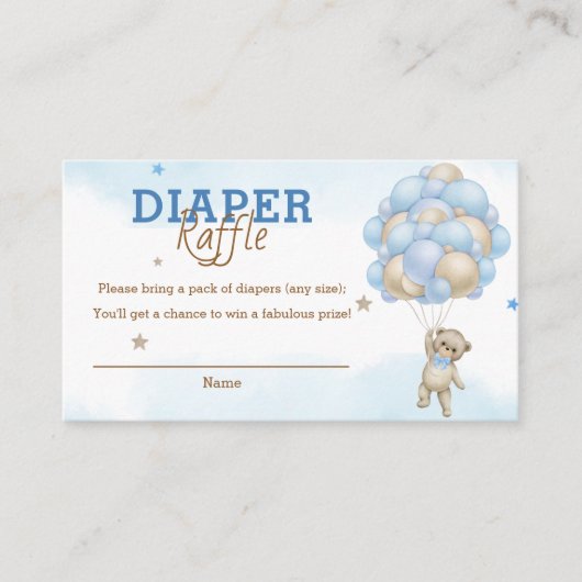 Teddybeer Blauwe Ballonnen Baby shower Luier Raffl Informatiekaartje (Voorkant)