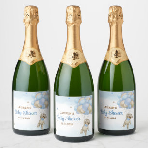 Teddybeer Blauwe Ballonnen Baby Shower Sparkling Wijnetiket