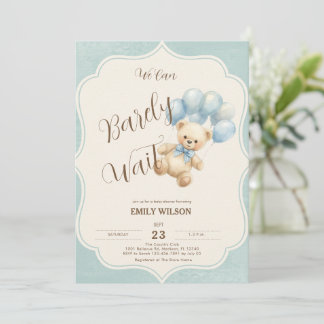 Teddybeer Blauwe Ballonnen Baby Shower Uitnodiging