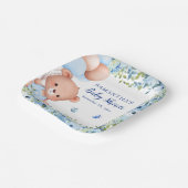 Teddybeer Blauwe Ballonnen Barly Wachten Baby show Papieren Bordje (Gebogen)